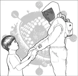 ילד מול אדם בחליפת הגנה